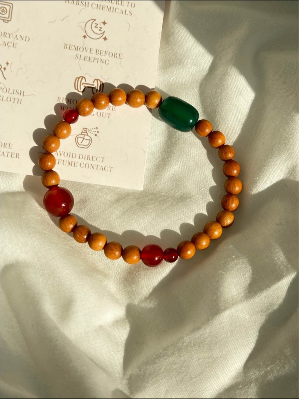 Brand New Light Wood Beaded Bracelet with Red and Green Agate